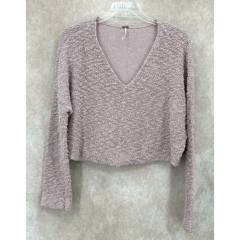 Free People Boucle Knit Cropped Sweater Lavender Size Large Oversized V Neck